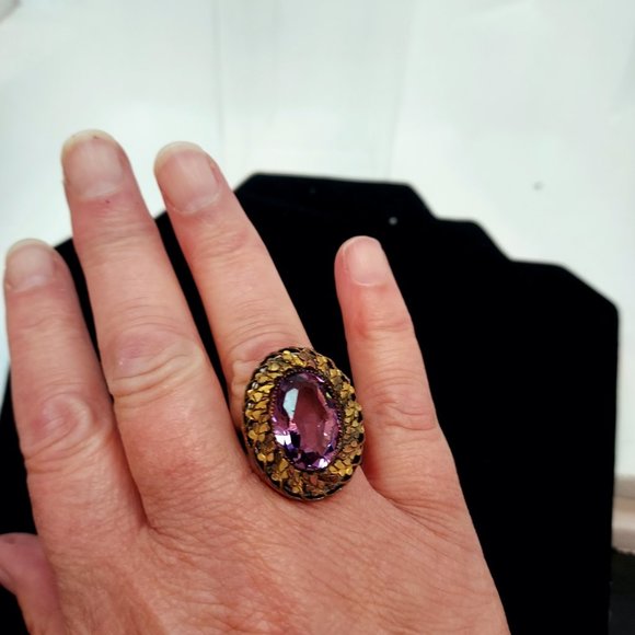Victorian Brass Deep Purple colored Rhinestone Ring - Picture 13 of 13